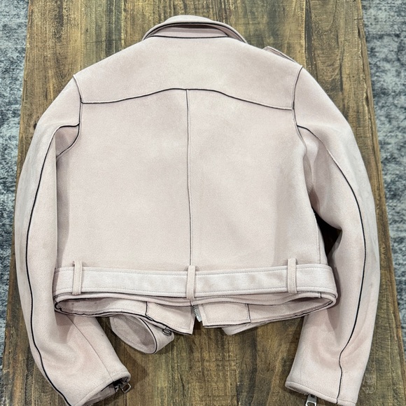 Womenβs Zara Basic Light Pink Faux Blush Faux Suede Zip Up Moto Jacked Size M - Picture 12 of 16